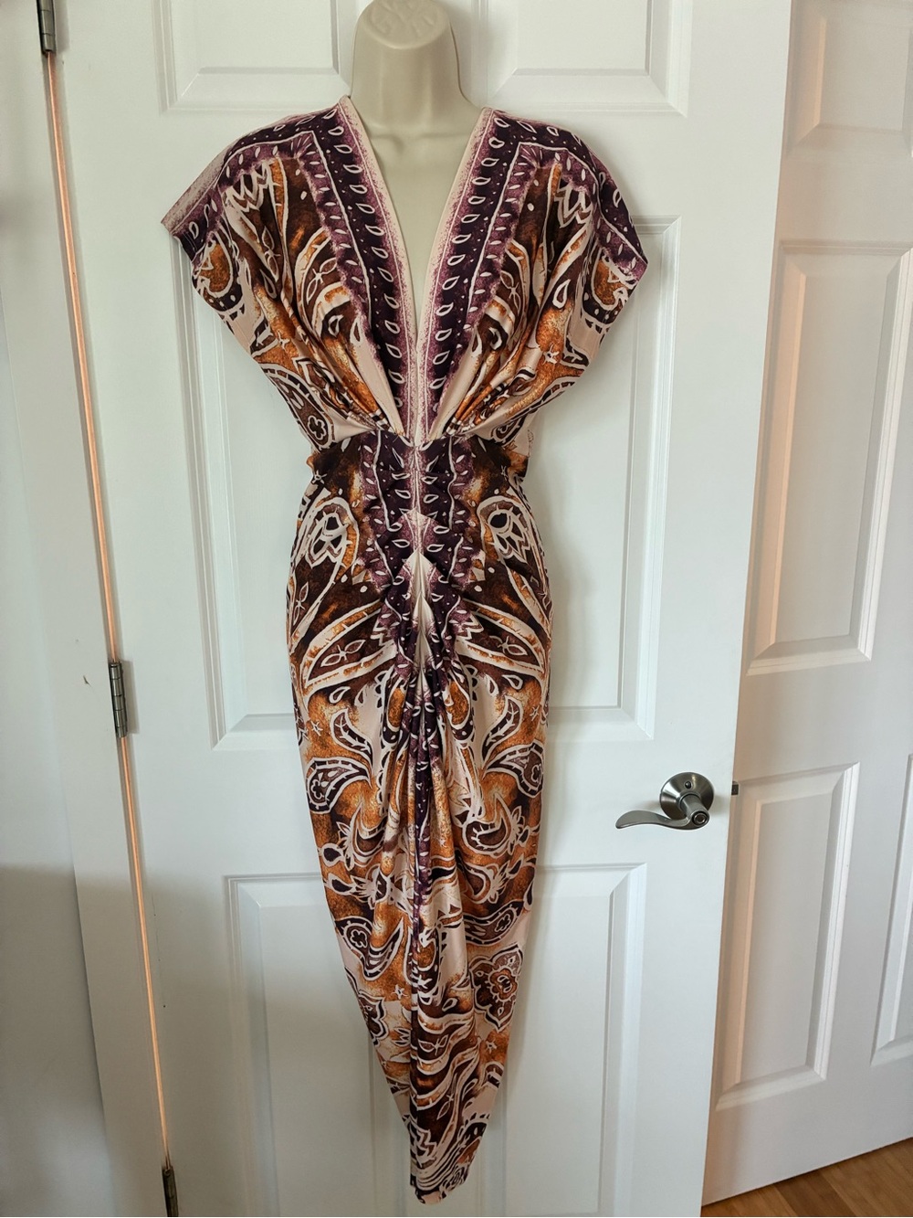 Boho Maxi Dress in Plum and Rust Butterfly Ruched